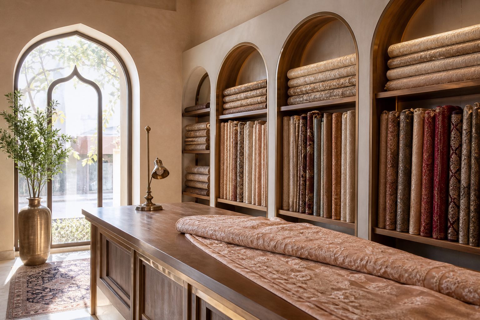 Boutique interior with arched wooden shelving holding rolled fabric bolts in warm daylight