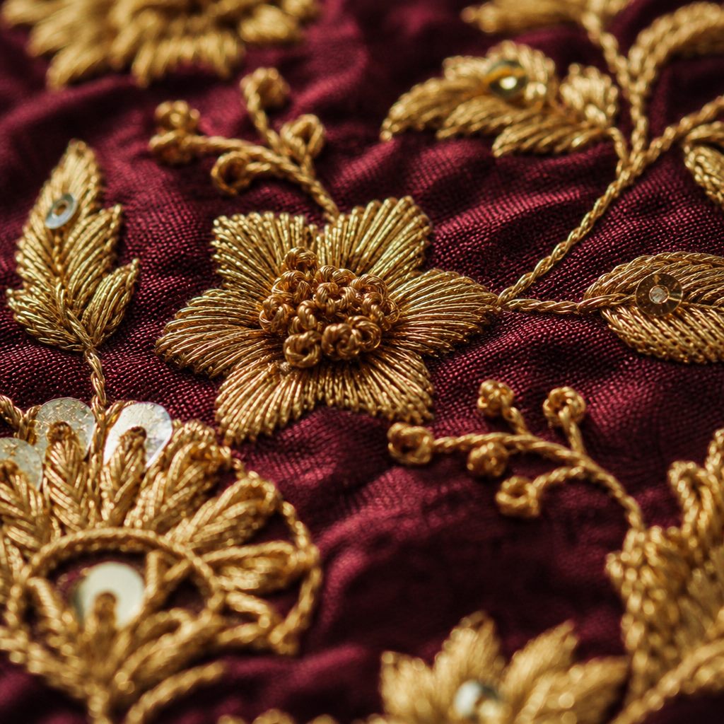 Close up of gold zari hand embroidery and sequin work on deep burgundy silk
