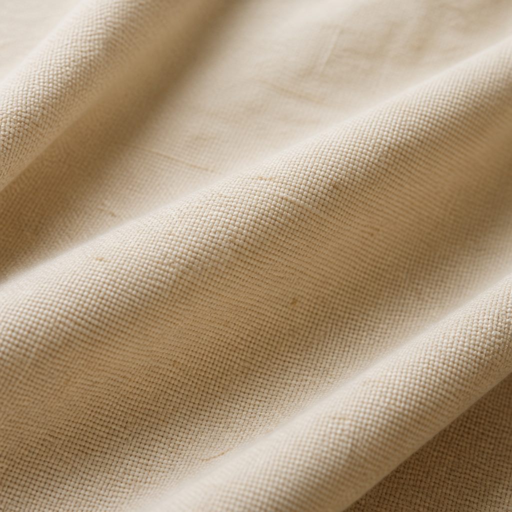 Macro texture of plain woven cotton fabric in warm champagne beige