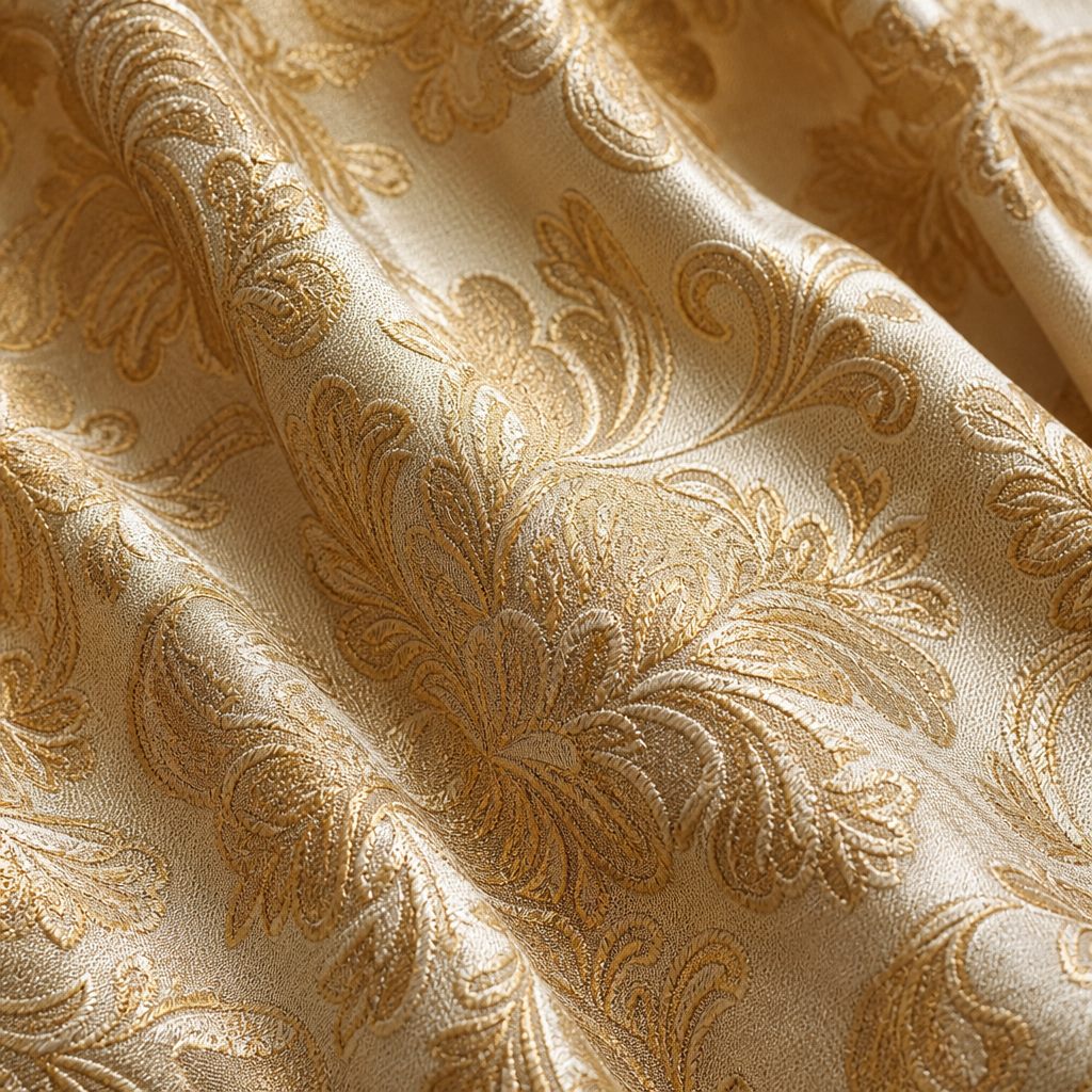Macro texture of champagne gold jacquard brocade with a woven damask motif
