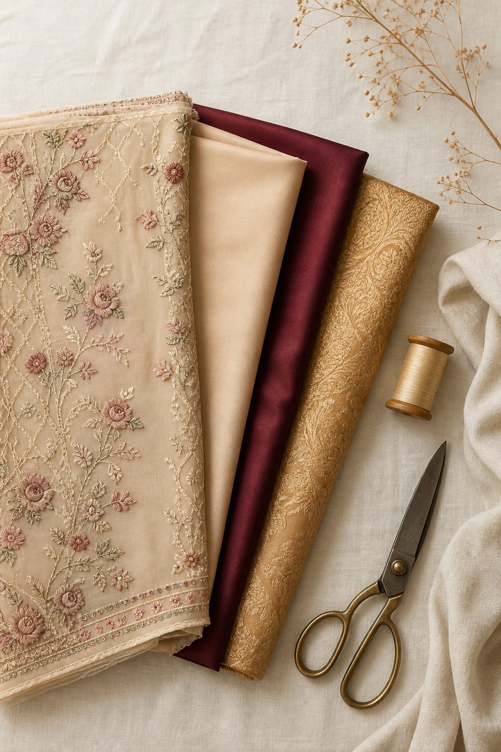 Flat lay of unstitched fabric lengths with a thread spool and tailoring scissors on ivory linen