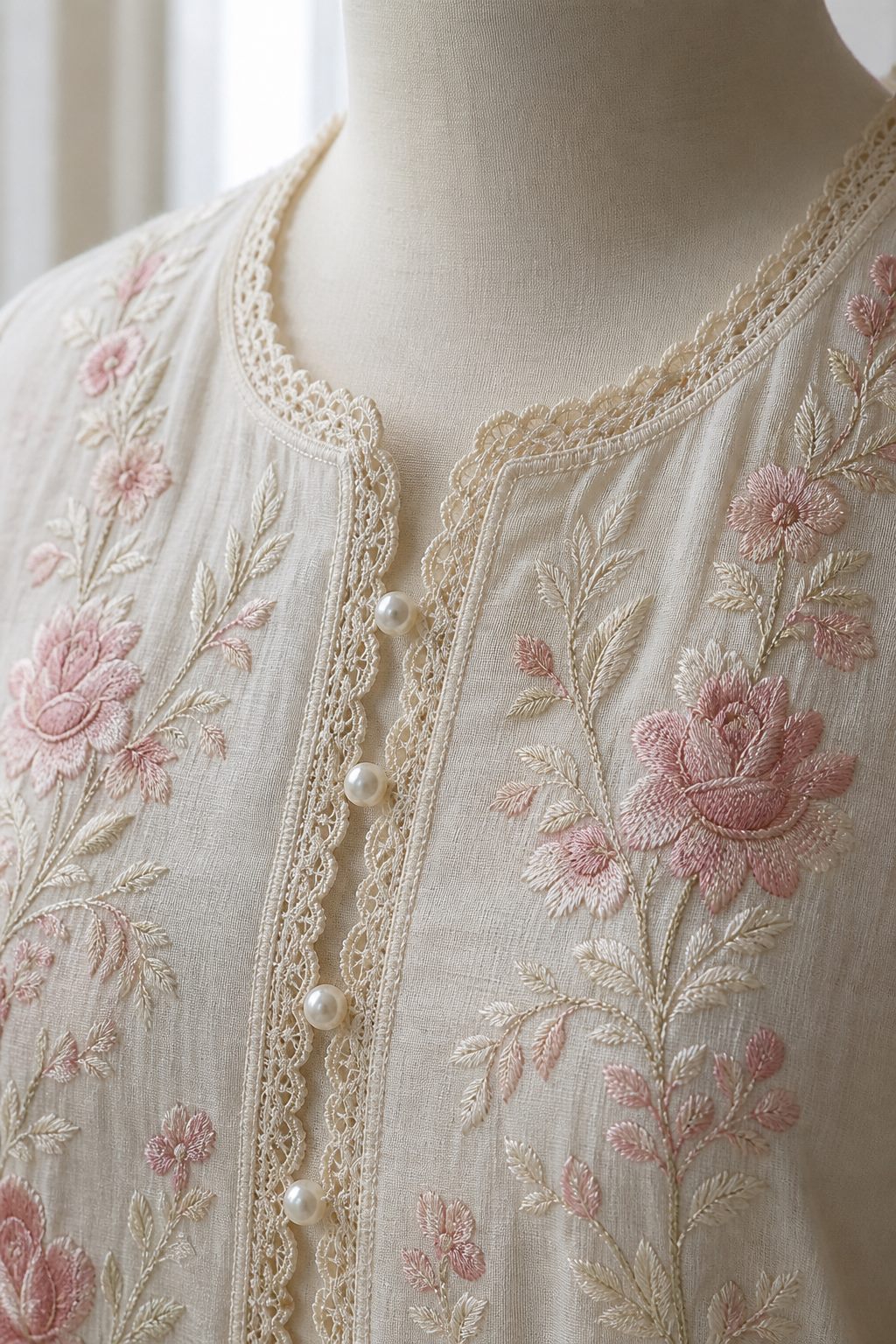 Close up of an embroidered lawn kurta neckline with soft rose thread work and pearl buttons