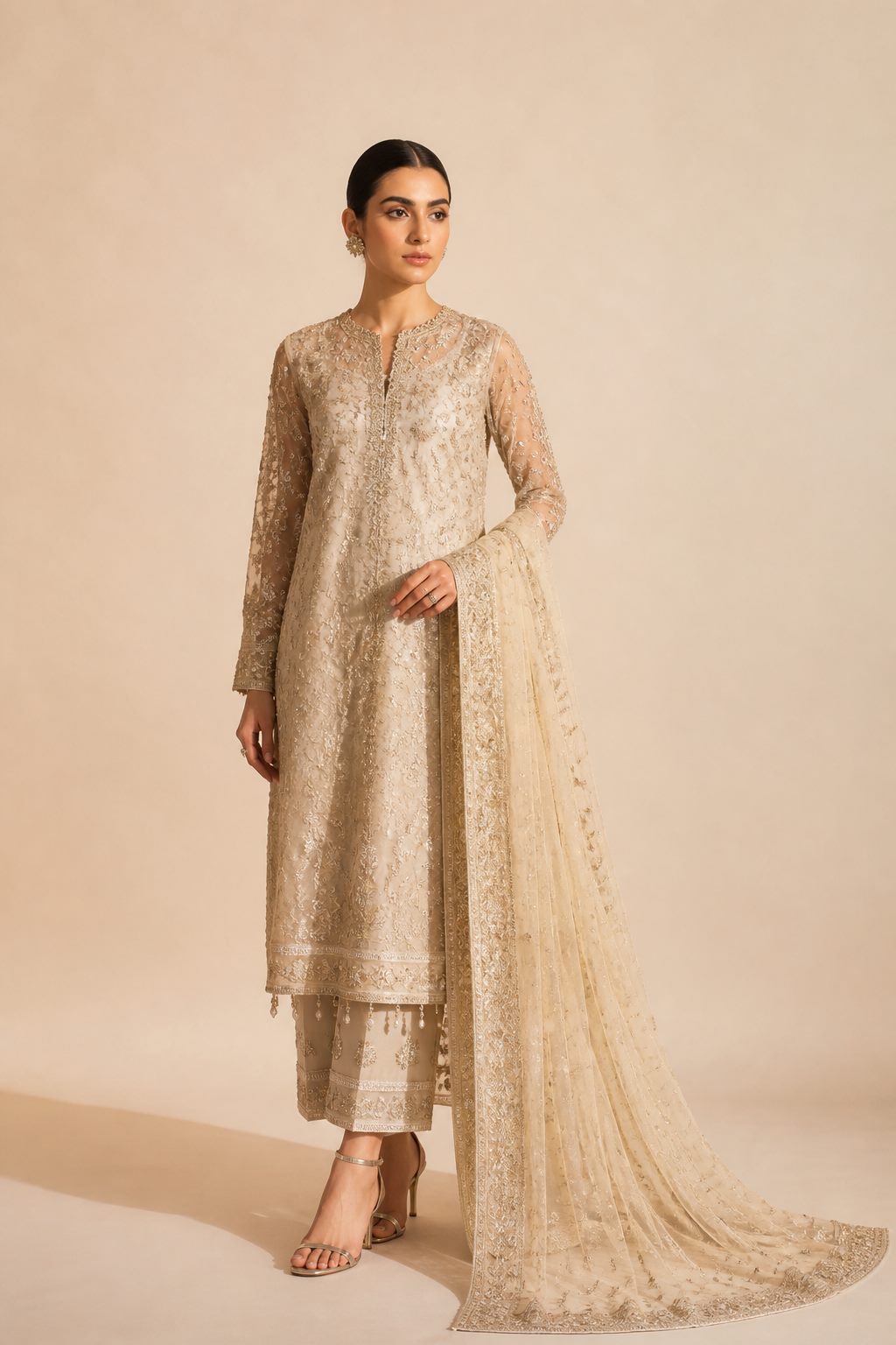 Full length champagne embroidered formal outfit with a flowing dupatta on an ivory studio backdrop