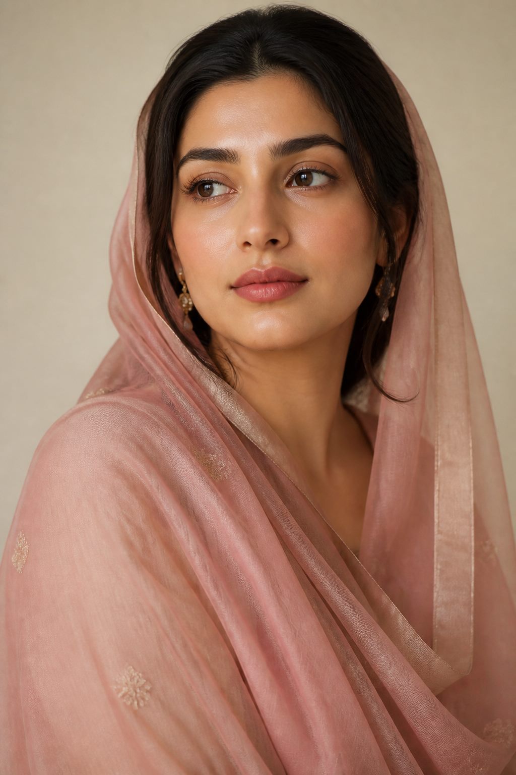 Portrait of a woman with a soft rose chiffon dupatta draped over her hair and shoulder