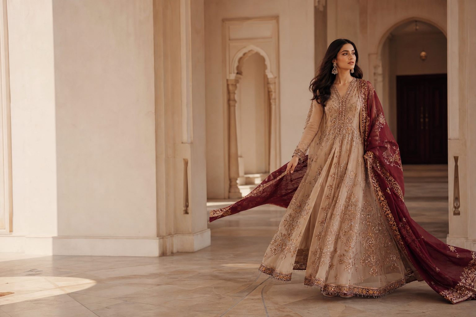 Woman walking through a sunlit hall in a champagne gown with a burgundy dupatta trailing behind