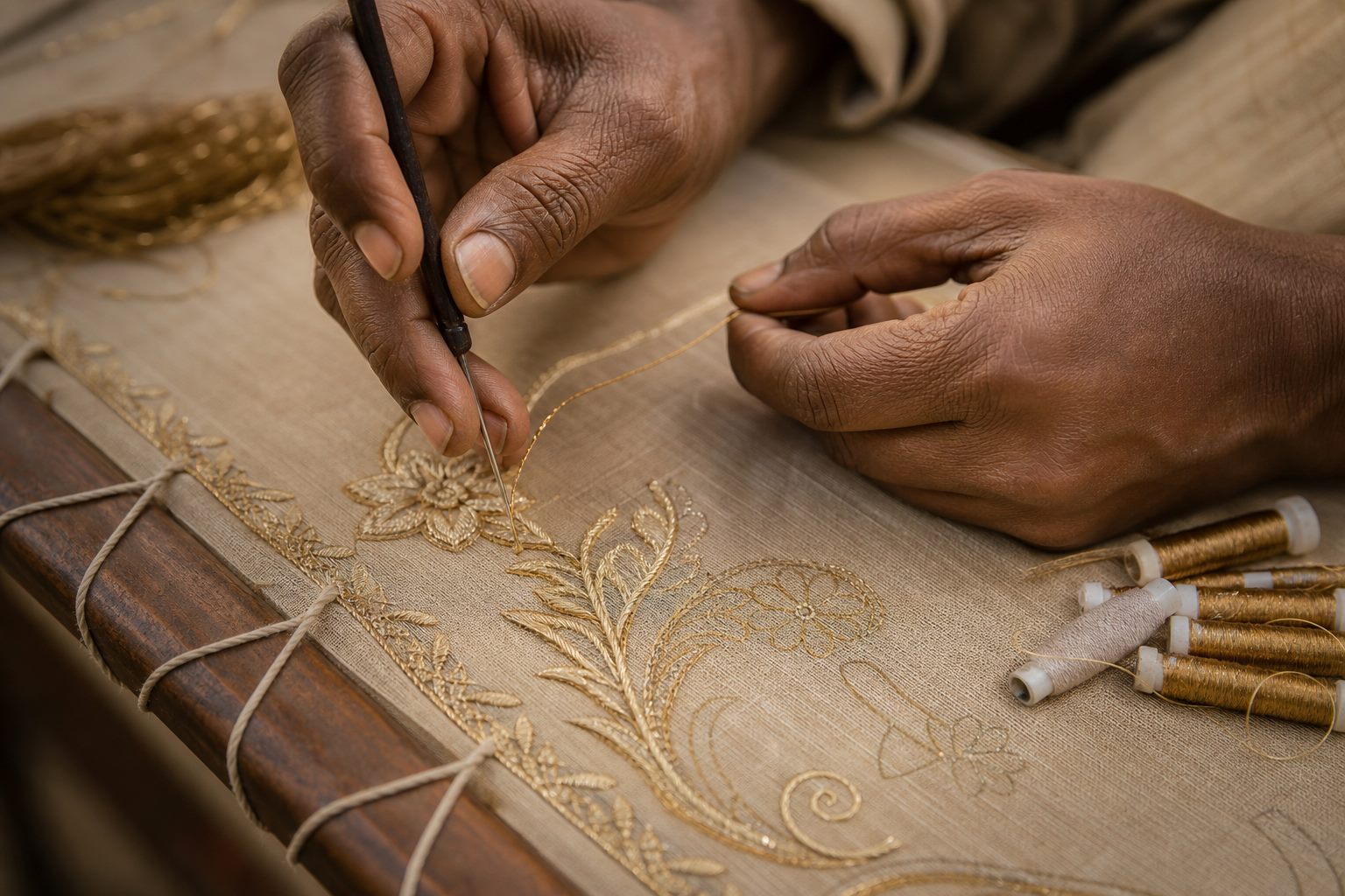 Craftsman hands stitching gold thread embroidery on fabric stretched over a wooden adda frame