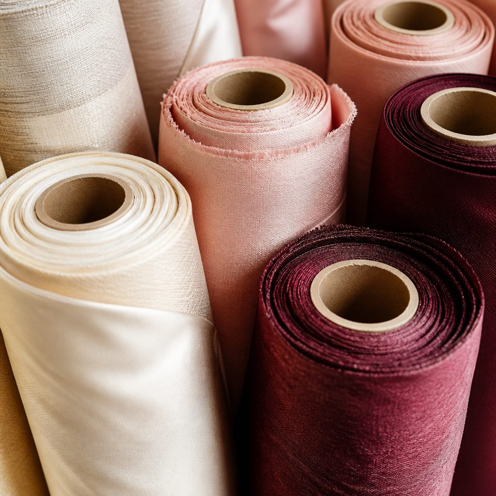 Rolled bolts of fabric in champagne, rose, ivory and burgundy grouped together