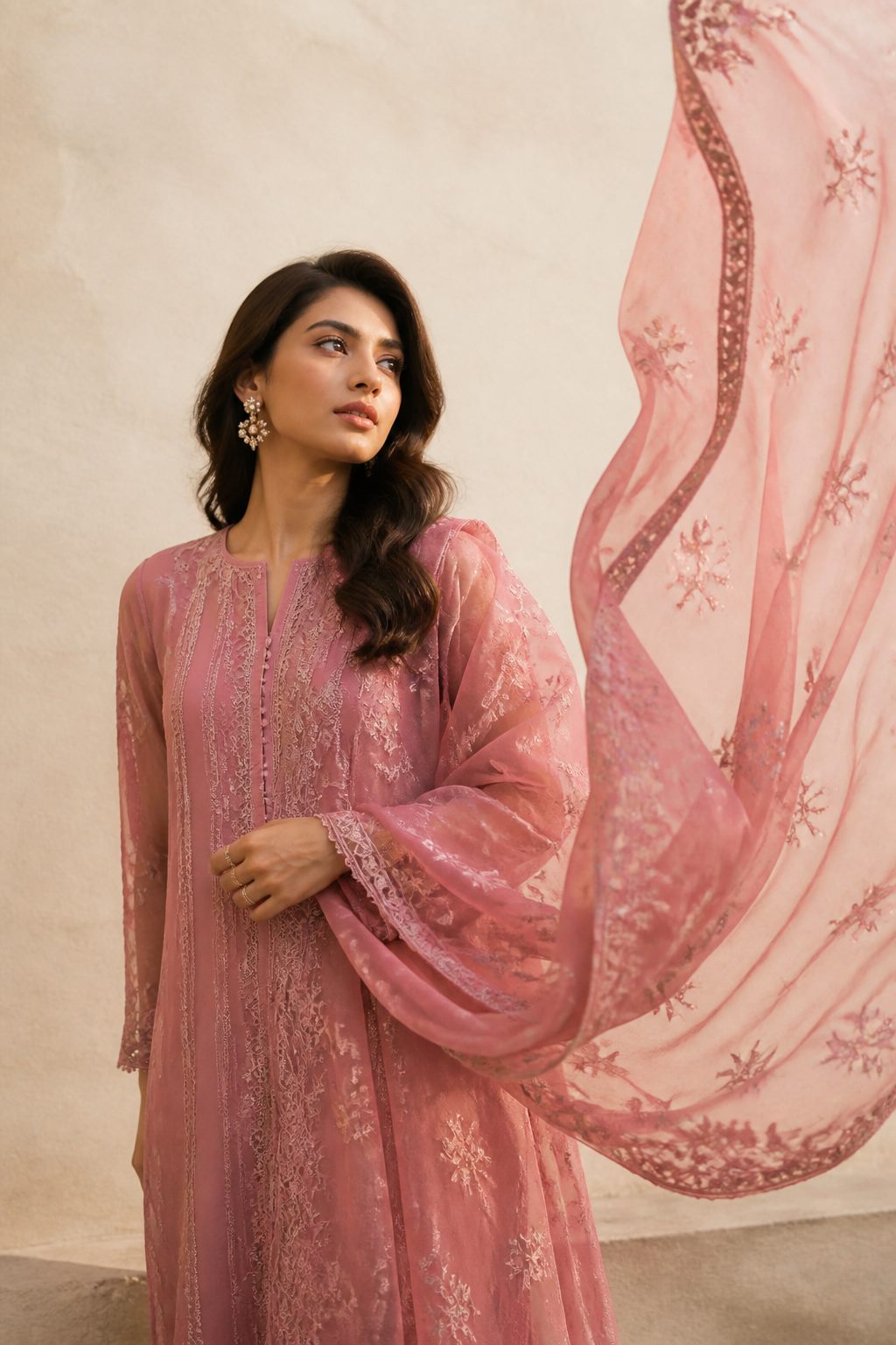Woman in a soft rose embroidered chiffon outfit with her dupatta caught mid movement