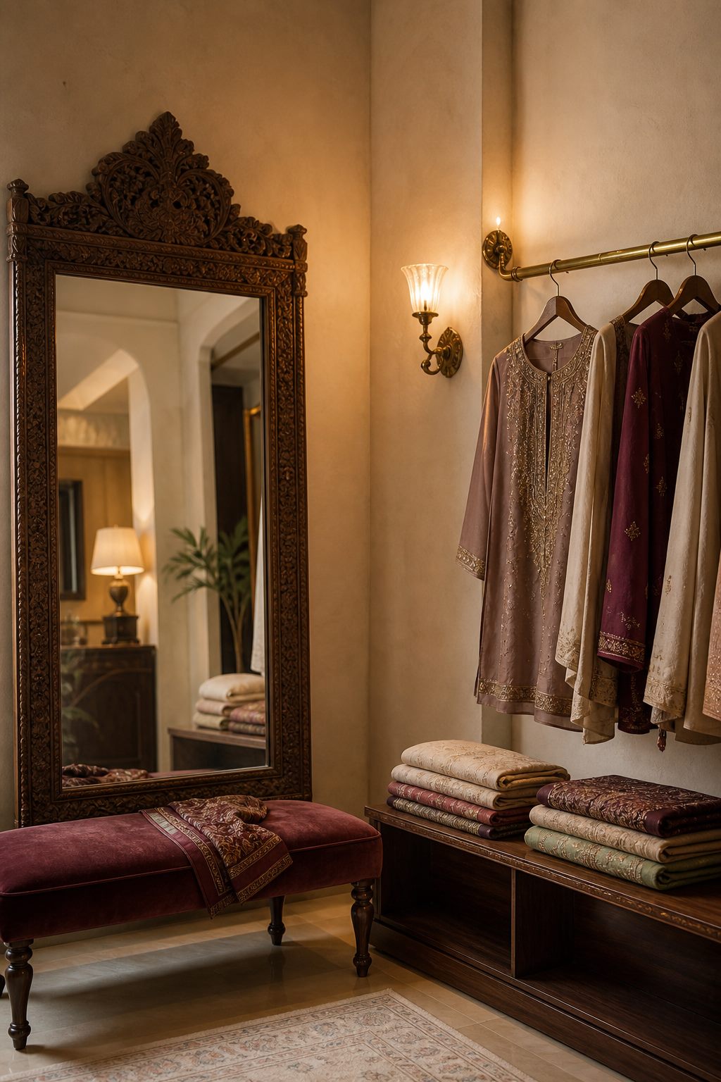 Boutique fitting corner with a carved mirror, velvet bench and embroidered outfits on a brass rail