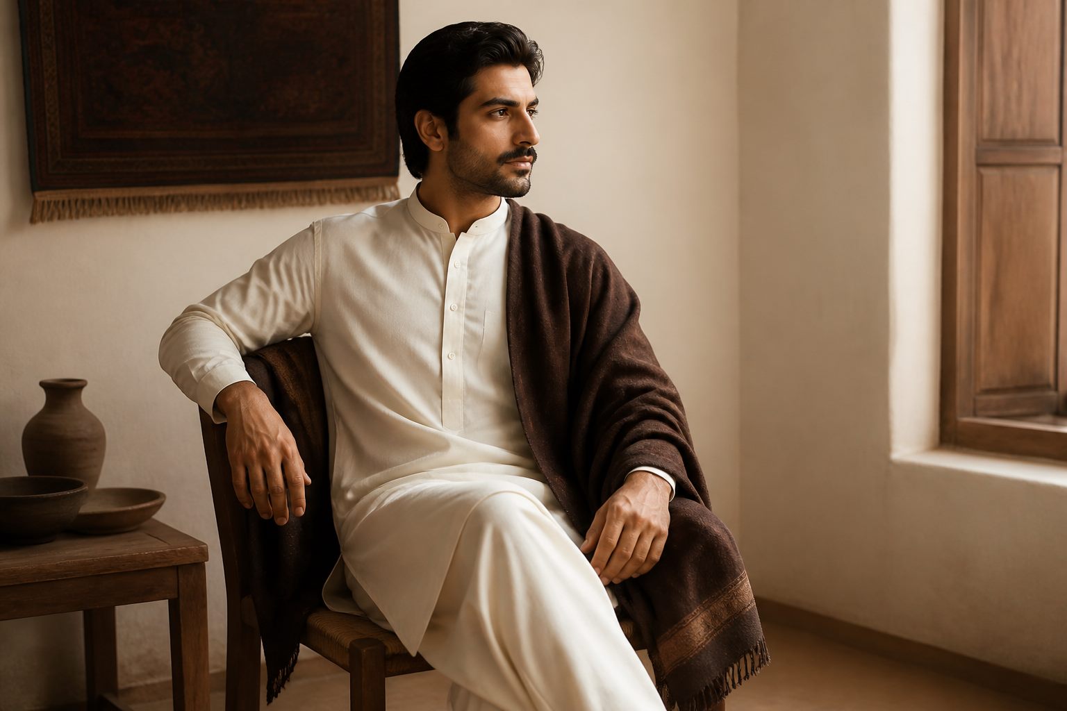 Man in an ivory shalwar kameez with a brown shawl seated beside a window