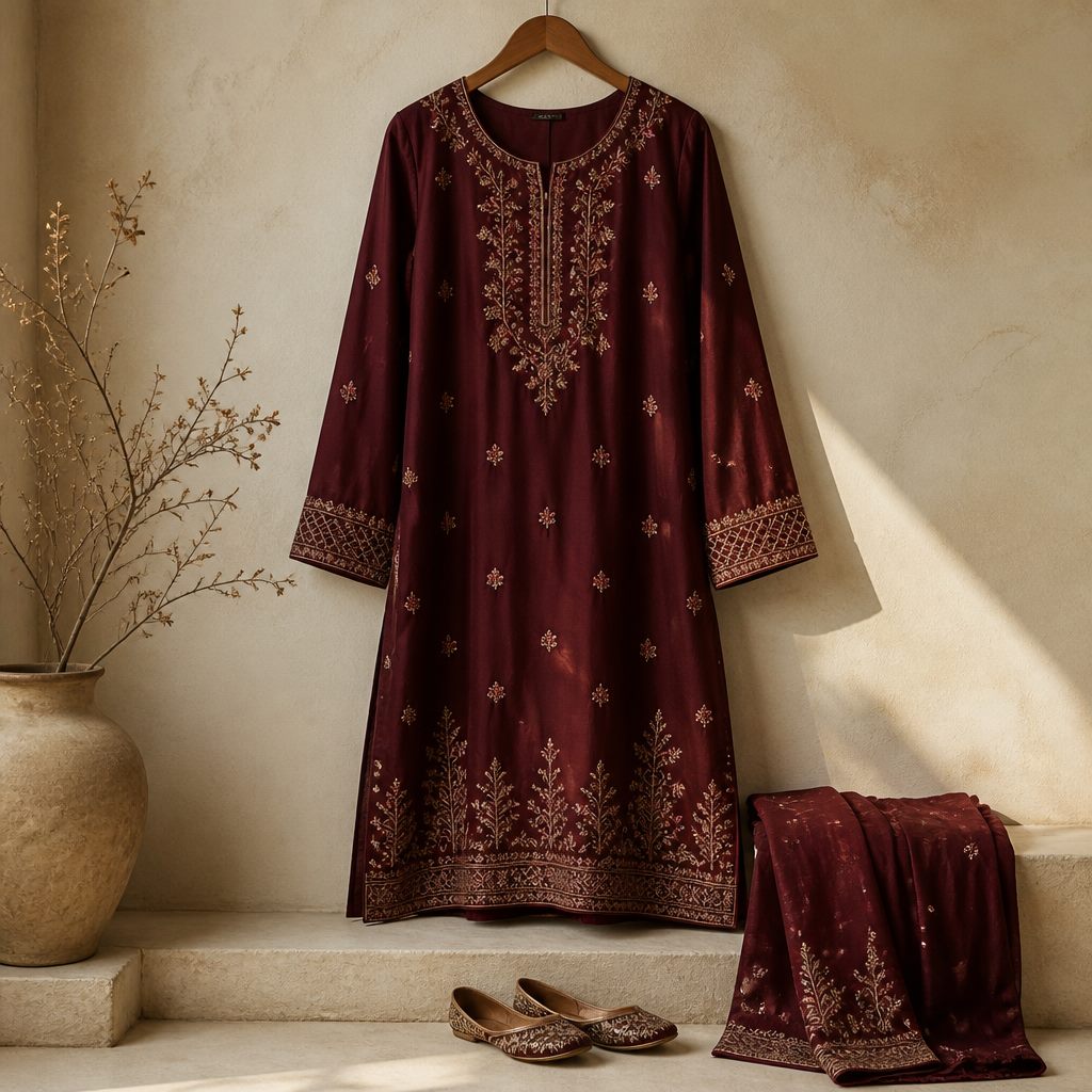 Burgundy embroidered kameez on a wooden hanger with a folded dupatta and khussa shoes