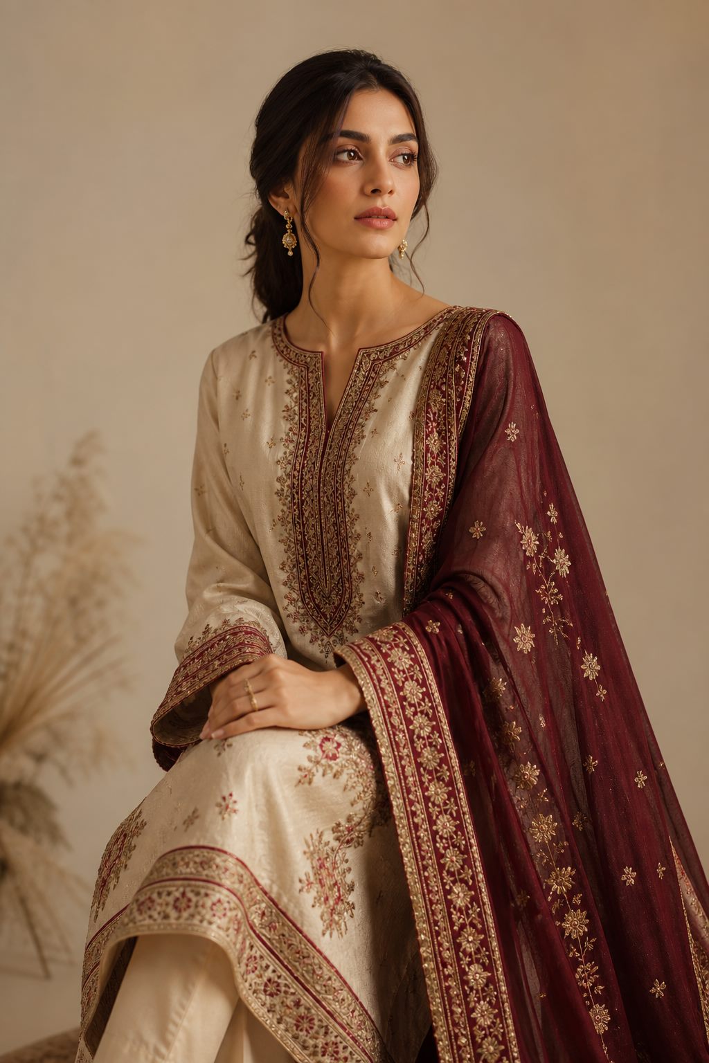 Model wearing an ivory silk kameez with gold embroidery and a deep burgundy embroidered dupatta