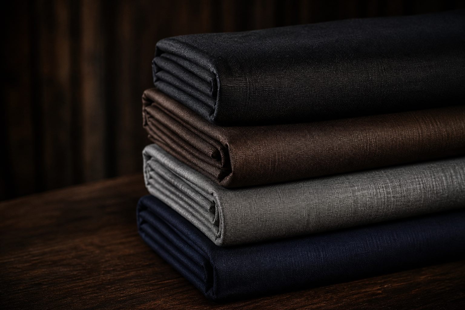 Folded bolts of premium unstitched menswear fabric in charcoal, brown, grey and navy