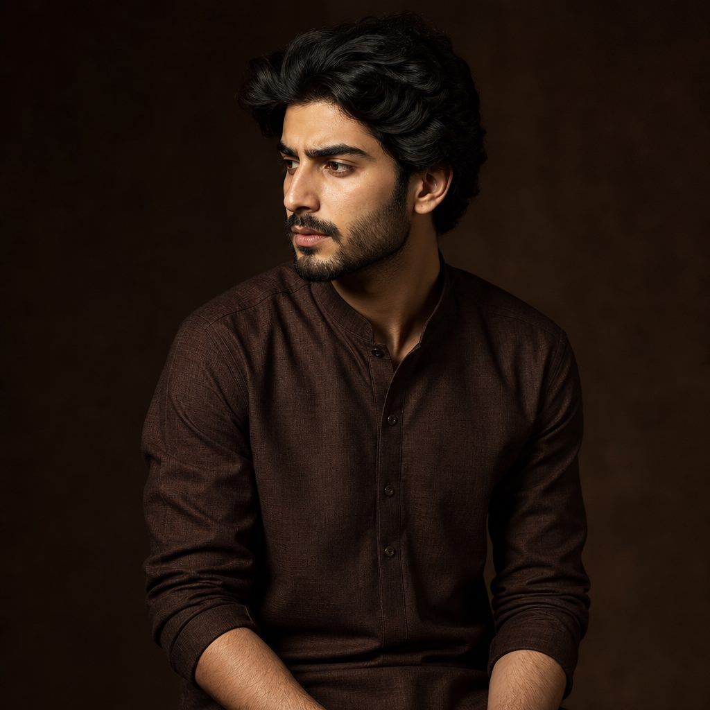 Portrait of a man in a contemporary deep brown khaddar kurta