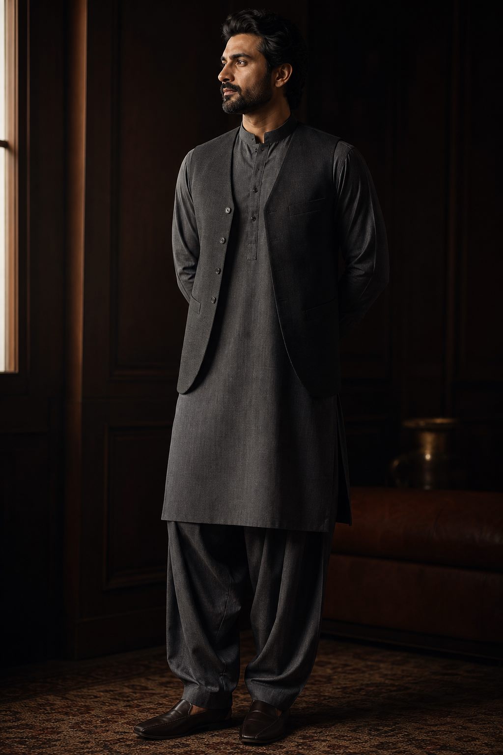 Man wearing a charcoal shalwar kameez with a waistcoat in a softly lit room
